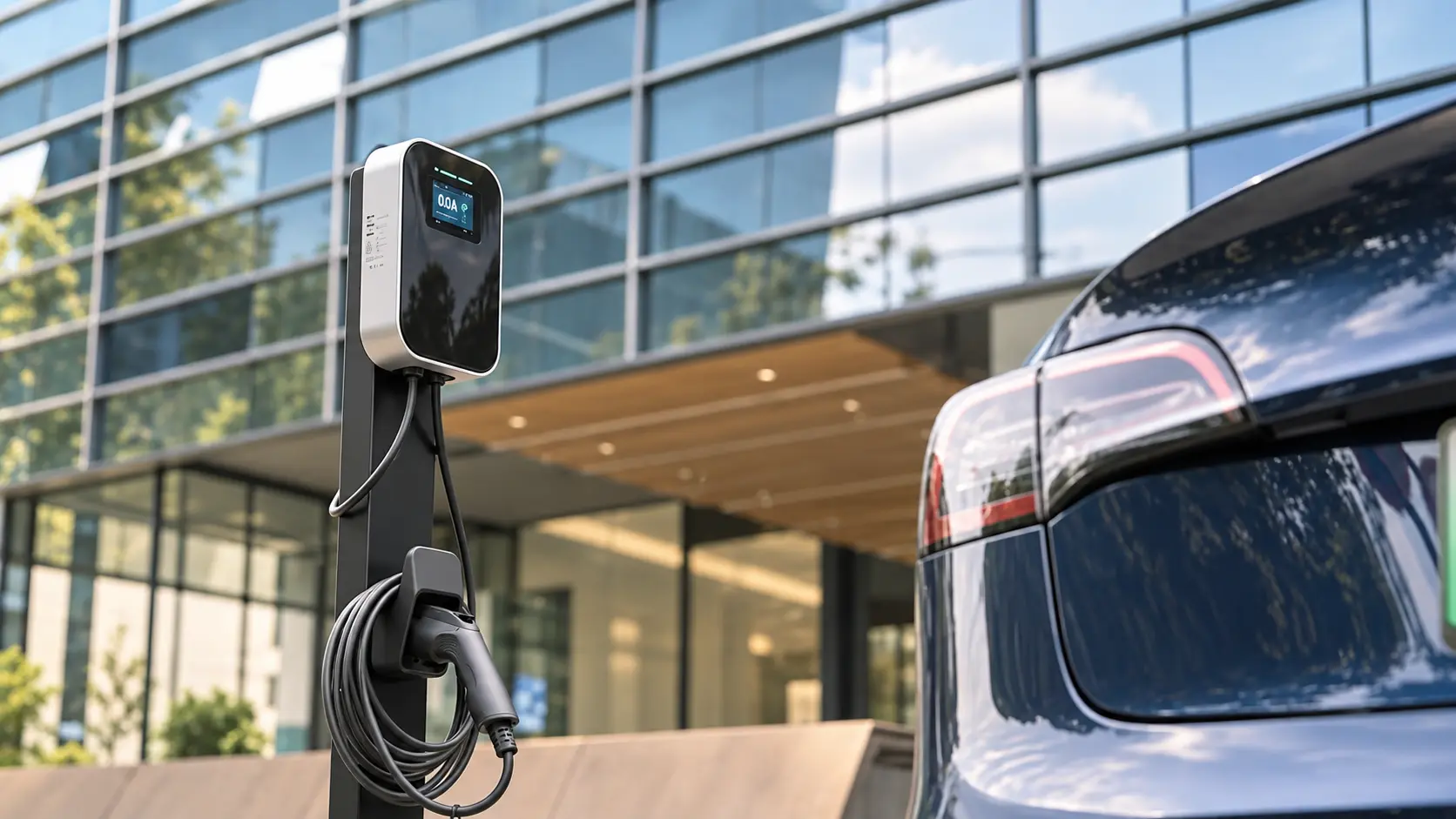 Cargador Rayforce BS20 instalado sobre una columna en el exterior de un edificio, junto a un auto eléctrico estacionado