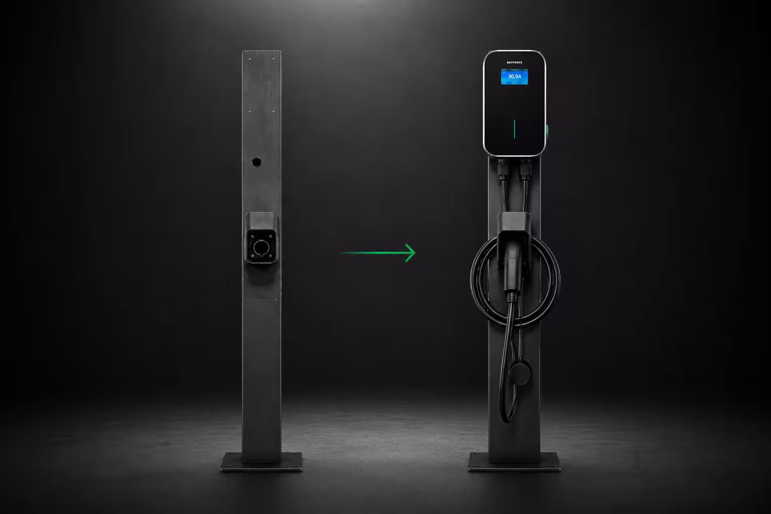 Columna de instalación vacía a la izquierda con una flecha verde indicando una columna con el cargador Rayforce BS20 instalado, mostrando un diseño premium en lugar de montaje en pared